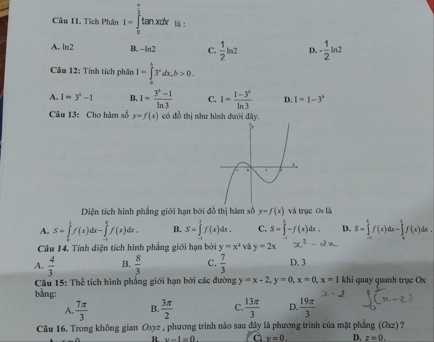 Tích Phân I=∈tlimits _0^((frac π)3)tan xdx là :
A. ln 2
B. -ln 2 C.  1/2 ln 2 - 1/2 ln 2
D.
Câu 12: Tính tích phân I=∈tlimits _0^(b3^x)dx,b>0.
A. I=3^b-1 B. I= (3^b-1)/ln 3  C. I= (1-3^b)/ln 3  D. I=1-3^b
Câu 13: Cho hàm số y=f(x) có đồ thị như hình dưới đây.
Diện tích hình phẳng giới hạn bởi đồ thị hàm số y=f(x) và trục 0x là
A. S=∈tlimits _0^(2f(x)dx-∈tlimits _(-1)^0f(x)dx. B. S=∈tlimits _(-1)^2f(x)dx. C. S=∈tlimits ^2)-f(x)dx. D. S=∈tlimits _(-1)^0f(x)dx-∈tlimits _0^(2f(x)dx.
Câu 14. Tính diện tích hình phẳng giới hạn bởi y=x^2) và y=2x
B.
C.
A.  4/3   8/3   7/3  D. 3
Câu 15: Thể tích hình phẳng giới hạn bởi các đường y=x-2,y=0,x=0,x=1 khi quay quanh trục Ox
bằng:
A.  7π /3   3π /2   13π /3  D.  19π /3 
B.
C.
Câu 16. Trong không gian Oxyz , phương trình nào sau đây là phương trình của mặt phẳng (Oxz) ?
a
B. y-1=0. y=0. D. z=0.