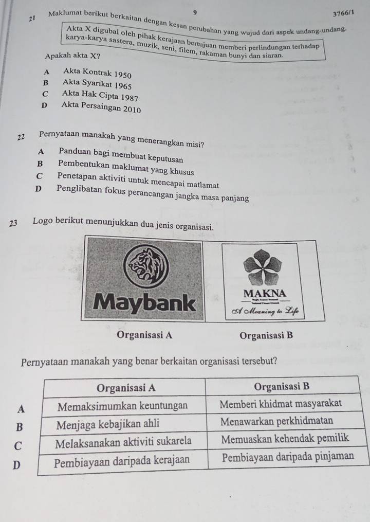 9 3766/1
21 Maklumat berikut berkaitan dengan kesan perubahan yang wujud dari aspek undang-undang.
Akta X digubal olch pihak kerajaan bertujuan memberi perlindungan terhadap
karya-karya sastera, muzik, seni, filem, rakaman bunyi dan siaran.
Apakah akta X?
A Akta Kontrak 1950
B Akta Syarikat 1965
C Akta Hak Cipta 1987
D Akta Persaingan 2010
22 Pernyataan manakah yang menerangkan misi?
A Panduan bagi membuat keputusan
B Pembentukan maklumat yang khusus
C Penetapan aktiviti untuk mencapai matlamat
D Penglibatan fokus perancangan jangka masa panjang
23 Logo berikut menunjukkan dua jenis organisasi.
Organisasi A Organisasi B
Pernyataan manakah yang benar berkaitan organisasi tersebut?