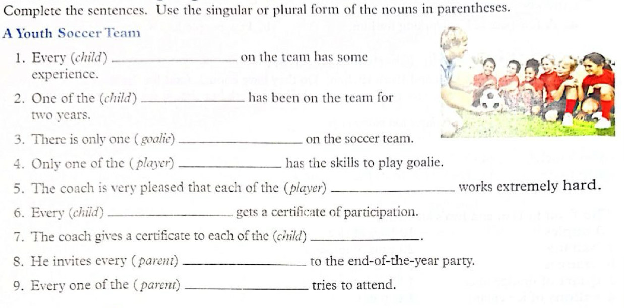 Complete the sentences. Use the singular or plural form of the nouns in parentheses. 
A Youth Soccer Team 
1. Every (child) _on the team has some 
experience. 
2. One of the (child) _has been on the team for
two years. 
3. There is only one ( goalie) _on the soccer team. 
4. Only one of the ( player) _has the skills to play goalie. 
5. The coach is very pleased that each of the (player) _works extremely hard. 
6. Every (child) _gets a certificate of participation. 
7. The coach gives a certificate to each of the (child)_ 
. 
8. He invites every (parent) _to the end-of-the-year party. 
9. Every one of the ( parent) _tries to attend.