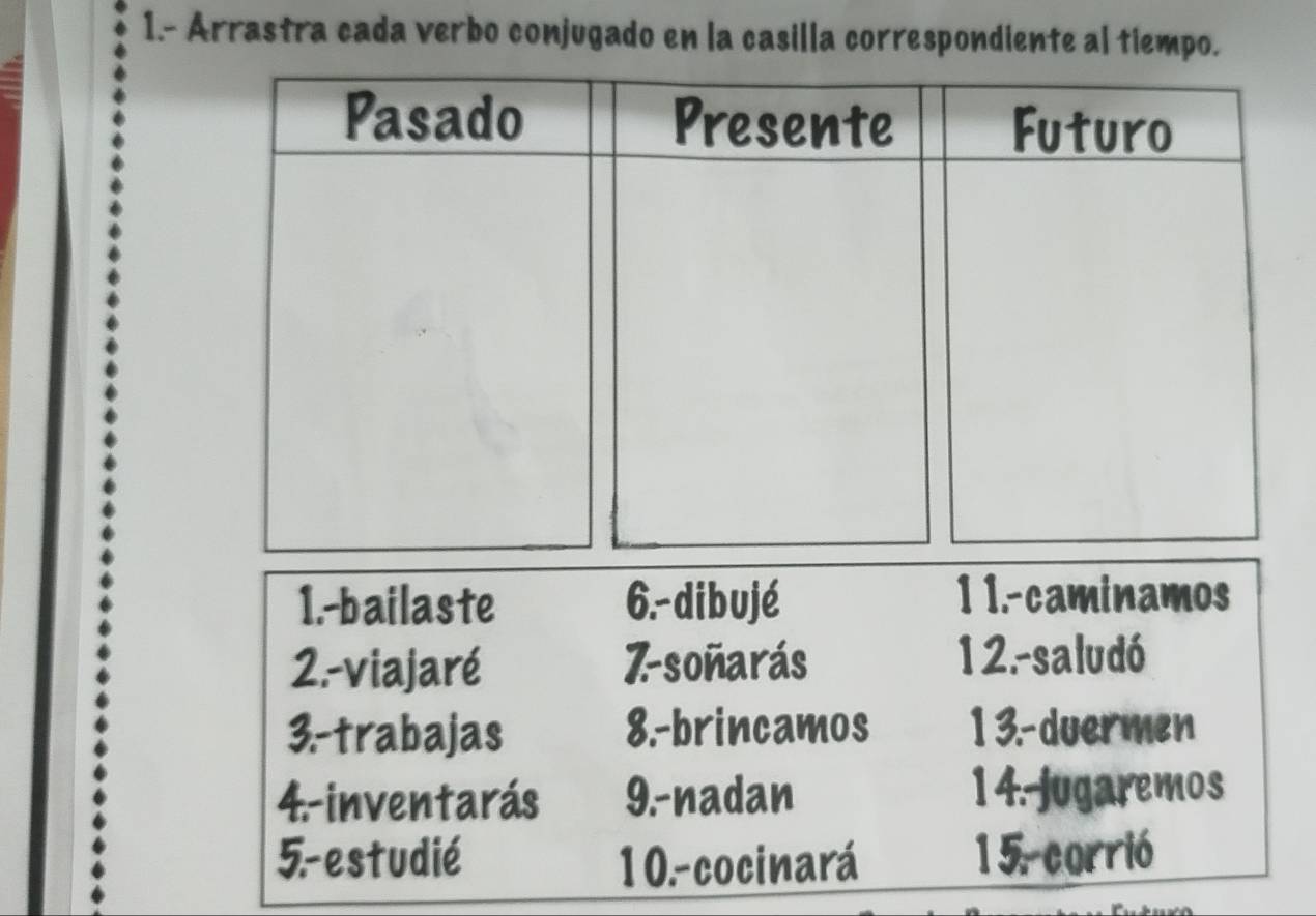 1.- Arrastra cada verbo conjugado en la casilla correspondiente al tiempo. 
Pasado Presente Futuro 
1.-bailaste 6.- dibujé 1 1.-caminamos 
2.-viajaré 7-soñarás 
12.-saludó 
3-trabajas 8.-brincamos 1 3.-duermen 
4.-inventarás 9.-nadan 14.Jugaremos 
5- estudié 10.-cocinará 15.corrió