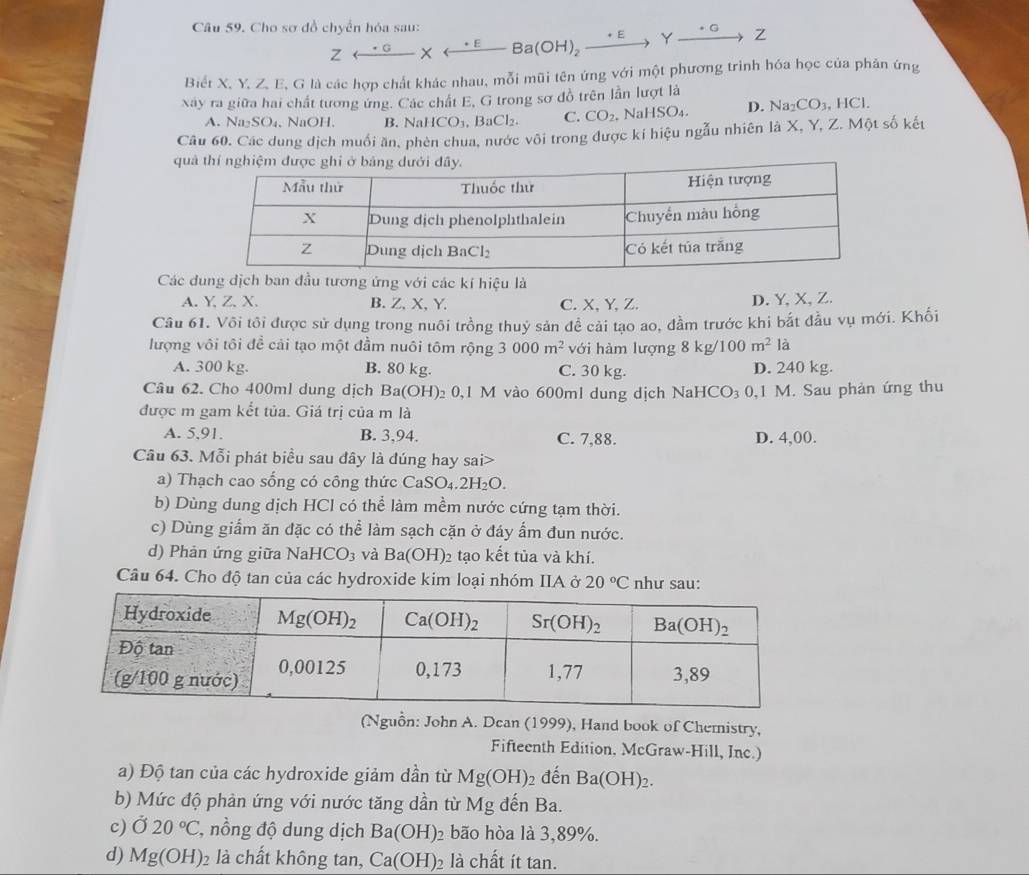 Cho sơ đồ chyển hóa sau:
7 Ba(OH): + E Y _ +G 7
+ É
Biết X, Y, Z, E, G là các hợp chất khác nhau, mỗi mũi tên ứng với một phương trình hóa học của phản ứng
xây ra giữa hai chất tương ứng. Các chất E, G trong sơ đồ trên lần lượt là , HCl.
A. Na SO_4 、 NaOH. B. NaH CO_1. BaCl₂. C. CO_2 , NaHSO₄. D. Na_2CO_3
Câu 60. Các dung dịch muối ăn, phèn chua, nước vôi trong được kí hiệu ngẫu nhiên là X, Y, Z. Một số kết
qu
Các dung dịch ban đầu tương ứng với các kí hiệu là
A. Y, Z. X. B. Z,X, Y. C. X, Y, Z. D. Y,X, Z.
Câu 61. Vôi tôi được sử dụng trong nuôi trồng thuỷ sản đề cải tạo ao, đầm trước khi bắt đầu vụ mới. Khối
lượng vôi tôi đề cải tạo một đầm nuôi tôm rộng 3000m^2 với hàm lượng 8 kg/ 100m^2 là
A. 300 kg. B. 80 kg. C. 30 kg. D. 240 kg.
Câu 62. Cho 400ml dung dịch Ba(OH)_20,1M vào 600ml dung dịch NaHCO₃ 0,1 M. Sau phản ứng thu
được m gam kết tủa. Giá trị của m là
A. 5,91. B. 3,94. C. 7,88. D. 4,00.
Câu 63. Mỗi phát biểu sau đây là dúng hay sai>
a) Thạch cao sống có công thức CaS SO_4.2H_2O.
b) Dùng dung dịch HCl có thể làm mềm nước cứng tạm thời.
c) Dùng giấm ăn đặc có thể làm sạch cặn ở đáy ẩm đun nước.
d) Phản ứng giữa NaH [CO_3 và Ba(OH)_2 tạo kết tủa và khí.
Câu 64. Cho độ tan của các hydroxide kim loại nhóm IIA ở 20°C như sau:
(Nguồn: John A. Dean (1999), Hand book of Chemistry,
Fifteenth Edition, McGraw-Hill, Inc.)
a) Độ tan của các hydroxide giảm dần từ Mg(OH): 2 đến Ba(OH)_2.
b) Mức độ phản ứng với nước tăng dần từ Mg đến Ba.
c) sigma 20°C , nồng độ dung dịch Ba(OH)_2 bão hòa là 3,89%.
d) Mg(OH)_2 là chất không tan, Ca(OH)_2 là chất ít tan.