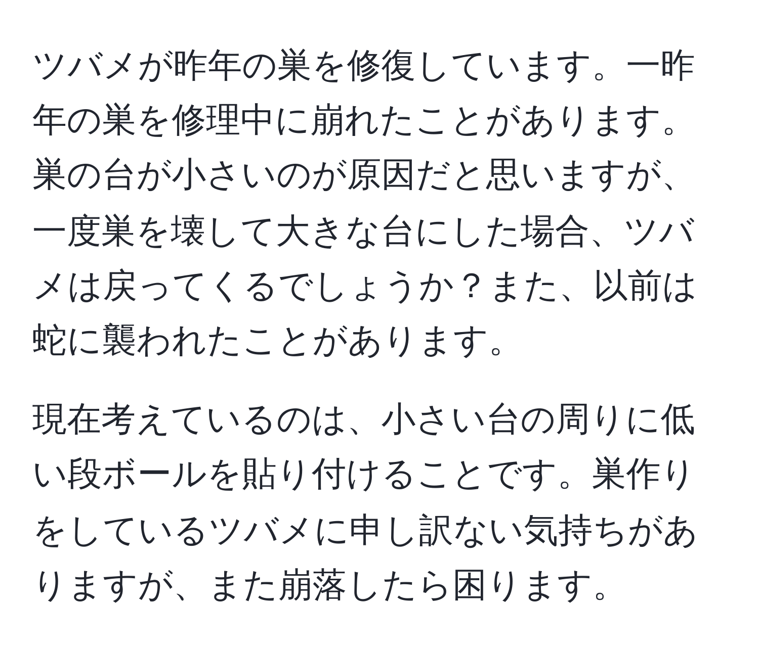 ツバメが昨年の巣を修復しています。一昨年の巣を修理中に崩れたことがあります。巣の台が小さいのが原因だと思いますが、一度巣を壊して大きな台にした場合、ツバメは戻ってくるでしょうか？また、以前は蛇に襲われたことがあります。

現在考えているのは、小さい台の周りに低い段ボールを貼り付けることです。巣作りをしているツバメに申し訳ない気持ちがありますが、また崩落したら困ります。