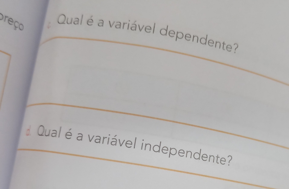 preço 
Qual é a variável dependente? 
Qual é a variável independente?