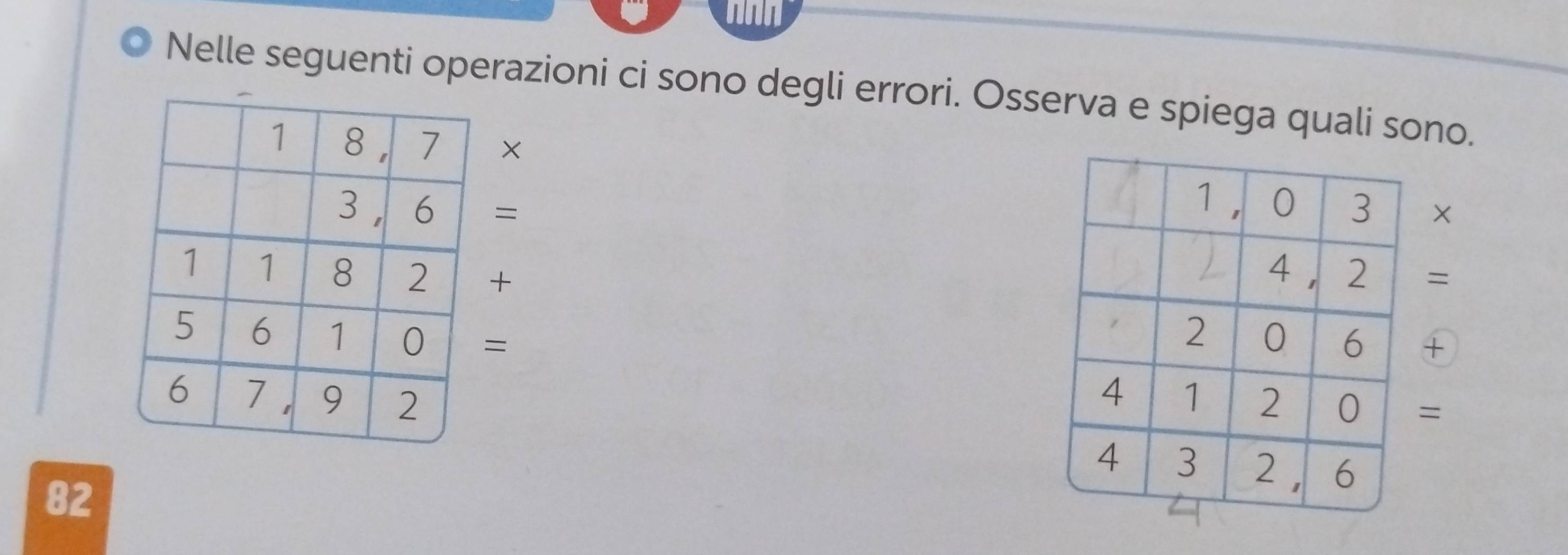 nan 
Nelle seguenti operazioni ci sono degli errori. Osserva e spiega quali sono. 
× 
= 
= 
+ 
= 
= 
82