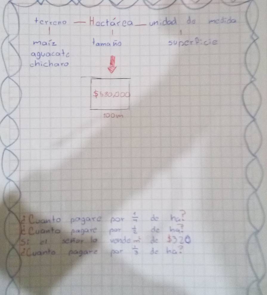 terreno _Hectarea_ unidad do mesida 
maiz fama no superficie 
aguacate 
chicharo
$530 000
100m
i Cuanto pagard por  1/49  do ha? 
cQuanta pagare por  1/2  do ha? 
St e semonle vonde m do 5320
Gvanto pagare por  1/3  do ha?