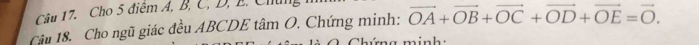 Cho 5 điêm A, B, C, D, E. Chul 
Cậu 18. Cho ngũ giác đều ABCDE tâm O. Chứng minh: vector OA+vector OB+vector OC+vector OD+vector OE=vector O. 
n h