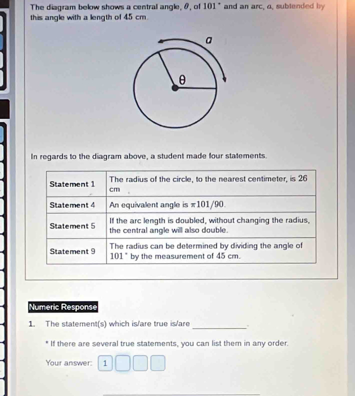Solved: The diagram below shows a central angle, θ, of 101