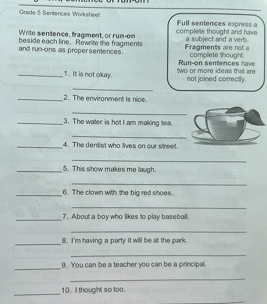 Grade 5 Sentences Worksheet Full sentences express a complete thought and  have Write se [Others]