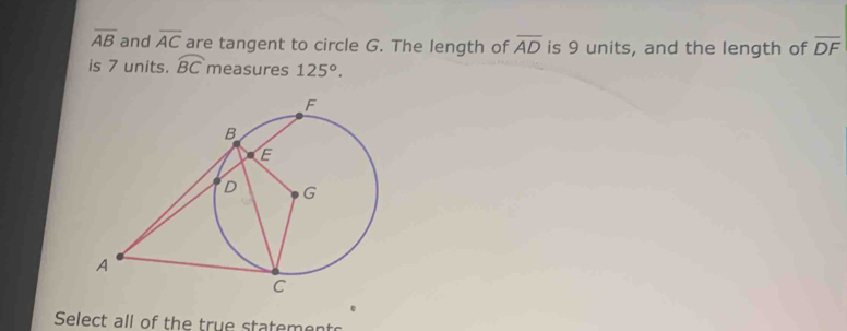 overline AB and overline AC are tangent to circle G. The length of overline AD is 9 units, and the length of overline DF
is 7 units. widehat BC measures 125°. 
Select all of the true statement