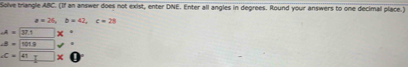 Solved: Solve triangle ABC. (If an answer does not exist, enter DNE ...