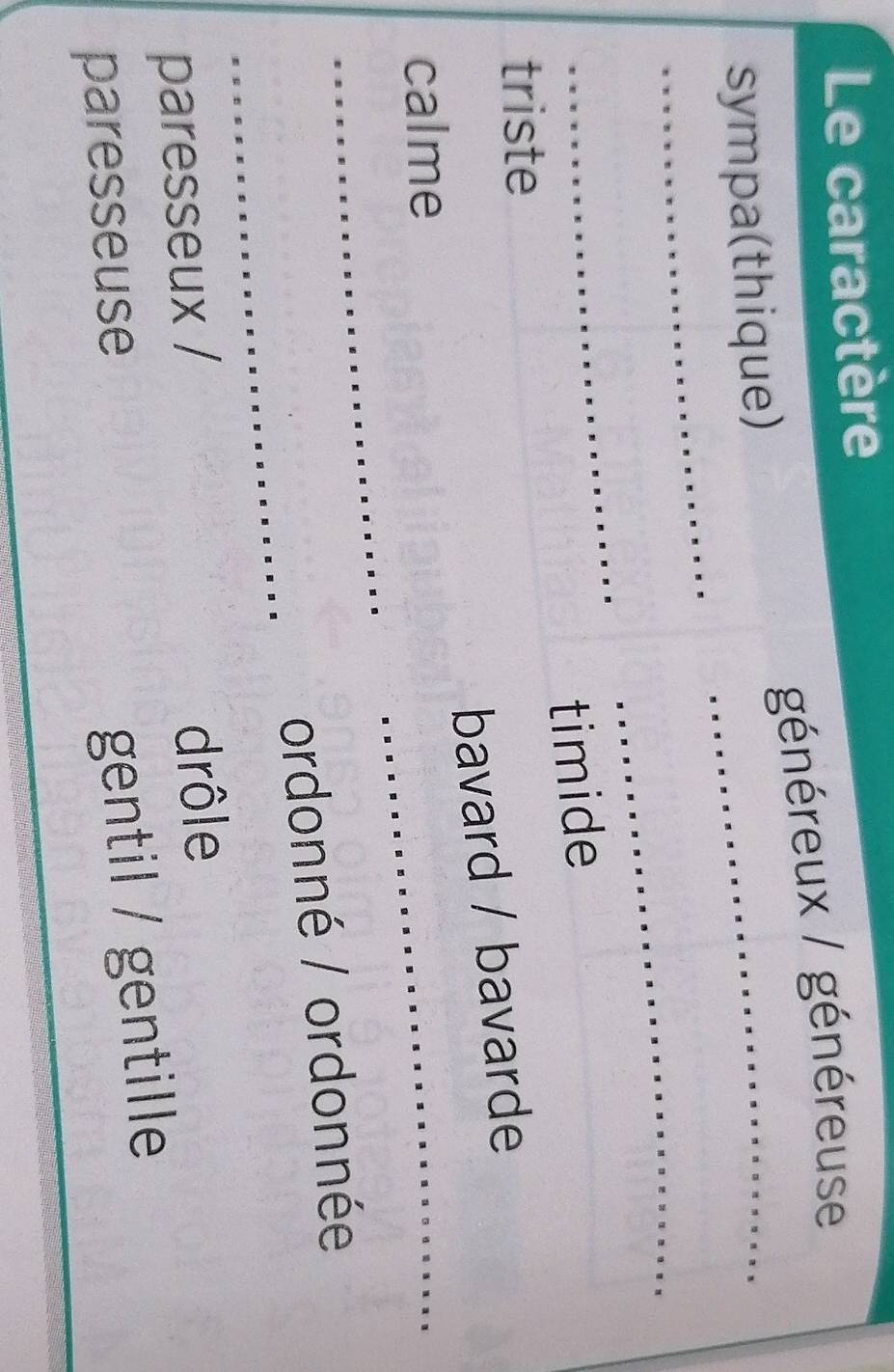Le caractère 
sympa(thique) généreux / généreuse 
_ 
_ 
_ 
_ 
triste timide 
_ 
bavard / bavarde 
_ 
calme 
_ 
ordonné / ordonnée 
paresseux / 
drôle 
_ 
_ 
_ 
paresseuse 
gentil / gentille 
_