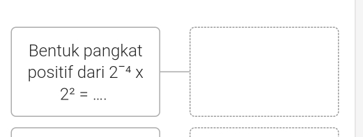 Bentuk pangkat 
positif dari 2^(-4)x
2^2= _