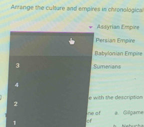 Arrange the culture and empires in chronological
Assyrian Empire
Persian Empire
Babylonian Empire
3 Sumerians
4
e with the description
2
ne of a. Gilgame
1
of