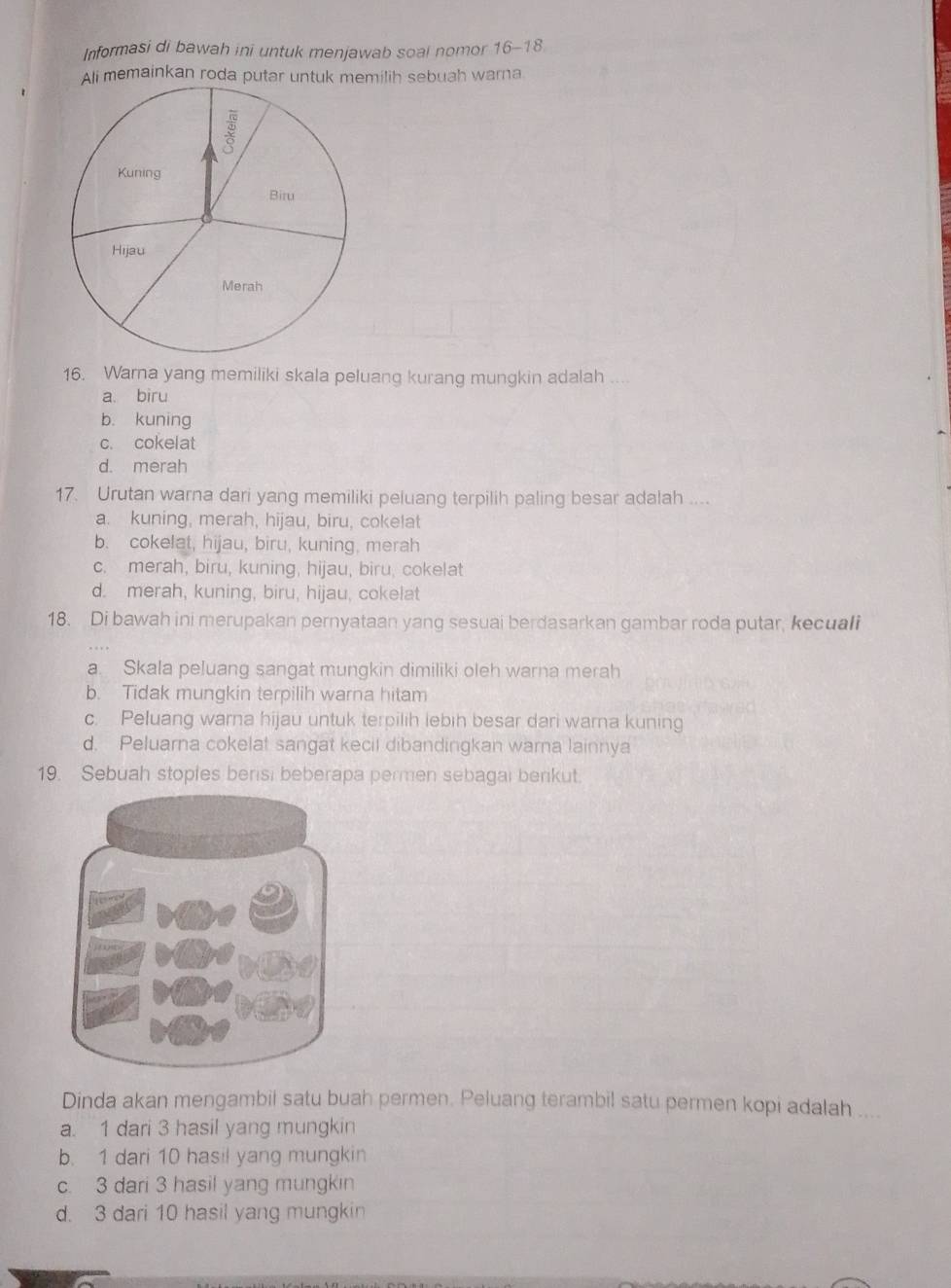 Informasi di bawah ini untuk menjawab soal nomor 16-18
Ali memainkan roda putar untuk memilih sebuah warna
16. Warna yang memiliki skala peluang kurang mungkin adalah ....
a. biru
b. kuning
c. cokelat
d. merah
17. Urutan warna dari yang memiliki peluang terpilih paling besar adalah ....
a. kuning, merah, hijau, biru, cokelat
b. cokelat, hijau, biru, kuning, merah
c. merah, biru, kuning, hijau, biru, cokelat
d. merah, kuning, biru, hijau, cokelat
18. Di bawah ini merupakan pernyataan yang sesuai berdasarkan gambar roda putar, kecuali
a. Skala peluang sangat mungkin dimiliki oleh warna merah
b. Tidak mungkin terpilih warna hitam
c. Peluang warna hijau untuk terpilih lebih besar dari warna kuning
d. Peluarna cokelat sangat kecil dibandingkan warna lainnya
19. Sebuah stoples berisi beberapa permen sebagai berikut.
Dinda akan mengambil satu buah permen. Peluang terambil satu permen kopi adalah ....
a. 1 dari 3 hasil yang mungkin
b. 1 dari 10 hasil yang mungkin
c. 3 dari 3 hasil yang mungkin
d. 3 dari 10 hasil yang mungkin