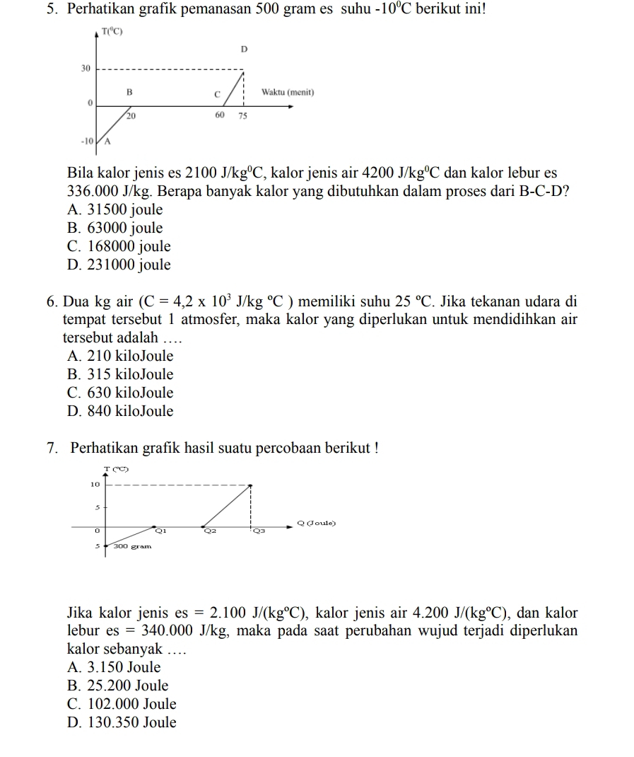 Perhatikan grafik pemanasan 500 gram es suhu -10°C berikut ini!
Bila kalor jenis es 2100J/kg^0C , kalor jenis air 4200J/kg^0C dan kalor lebur es
336.000 J/kg. Berapa banyak kalor yang dibutuhkan dalam proses dari B-C-D ?
A. 31500 joule
B. 63000 joule
C. 168000 joule
D. 231000 joule
6. Dua kg air (C=4,2* 10^3J/kg°C) memiliki suhu 25°C Jika tekanan udara di
tempat tersebut 1 atmosfer, maka kalor yang diperlukan untuk mendidihkan air
tersebut adalah …
A. 210 kiloJoule
B. 315 kiloJoule
C. 630 kiloJoule
D. 840 kiloJoule
7. Perhatikan grafik hasil suatu percobaan berikut !
Jika kalor jenis es=2.100J/(kg°C) , kalor jenis air 4.200J/(kg°C) , dan kalor
lebur es=340.000 J/kg, maka pada saat perubahan wujud terjadi diperlukan
kalor sebanyak …
A. 3.150 Joule
B. 25.200 Joule
C. 102.000 Joule
D. 130.350 Joule