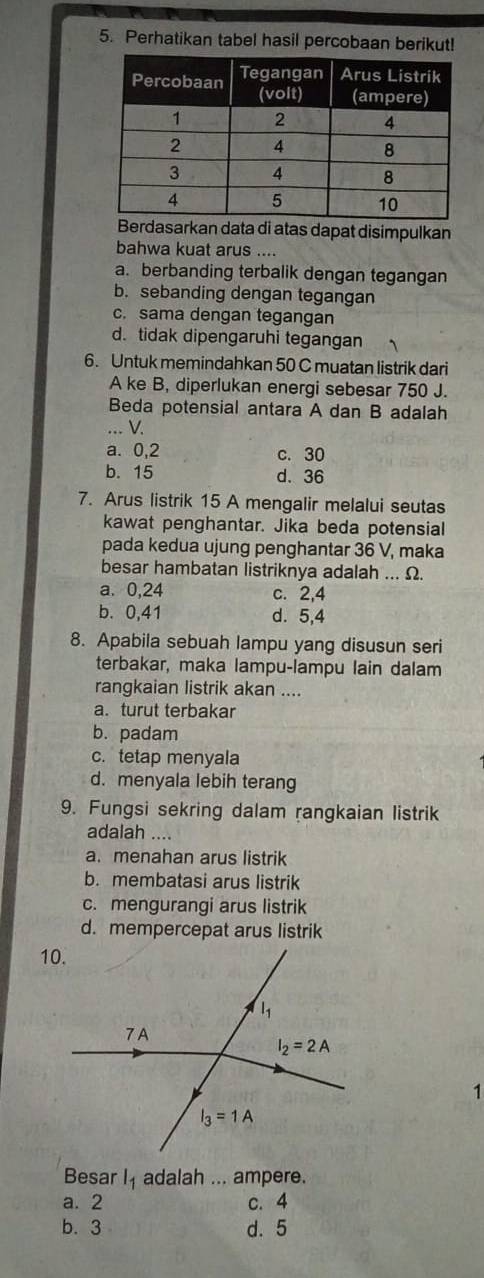 Perhatikan tabel hasil percobaan berikut!
Berdasarkan data di atas dapat disimpulkan
bahwa kuat arus ....
a. berbanding terbalik dengan tegangan
b. sebanding dengan tegangan
c. sama dengan tegangan
d. tidak dipengaruhi tegangan
6. Untuk memindahkan 50 C muatan listrik dari
A ke B, diperlukan energi sebesar 750 J.
Beda potensial antara A dan B adalah
_V.
a. 0,2 c. 30
b. 15 d. 36
7. Arus listrik 15 A mengalir melalui seutas
kawat penghantar. Jika beda potensial
pada kedua ujung penghantar 36 V, maka
besar hambatan listriknya adalah ... Ω.
a. 0,24 c. 2,4
b. 0,41 d. 5,4
8. Apabila sebuah lampu yang disusun seri
terbakar, maka lampu-lampu lain dalam
rangkaian listrik akan ....
a. turut terbakar
b. padam
c. tetap menyala
d. menyala lebih terang
9. Fungsi sekring dalam rangkaian listrik
adalah ....
a. menahan arus listrik
b. membatasi arus listrik
c. mengurangi arus listrik
d. mempercepat arus listrik
1
Besar l_1 adalah ... ampere.
a. 2 c. 4
b. 3 d. 5