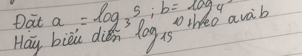 Oat a=log _35; b=log _4 Lvaib 
Hay bieu dien log _1510+1