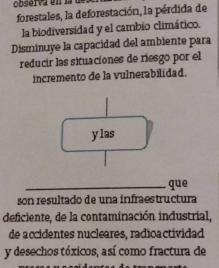 Observa en la à 
forestales, la deforestación, la pérdida de 
la biodiversidad y el cambio climático. 
Disminuye la capacidad del ambiente para 
reducir las situaciones de riesgo por el 
incremento de la vulnerabilidad. 
ylas 
_que 
son resultado de una infraestructura 
deficiente, de la contaminación industrial, 
de accidentes nucleares, radicactividad 
y desechos tóxicos, así como fractura de