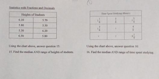 Statistics with Fractions and Decimals
 
 
 
Using the chart above, answer question 15: Using the chart above, answer question 16:
15. Find the median AND range of heights of students. 16. Find the median AND range of time spent studying.