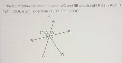 In the figure below not drawn to scale, AC and BE are straight lines. ∠ AOB is
124°.∠ DOE is 20° larger than ∠ BOC. Find ∠ COD.