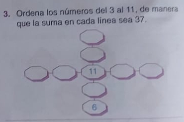 Ordena los números del 3 al 11, de manera 
que la suma en cada línea sea 37.