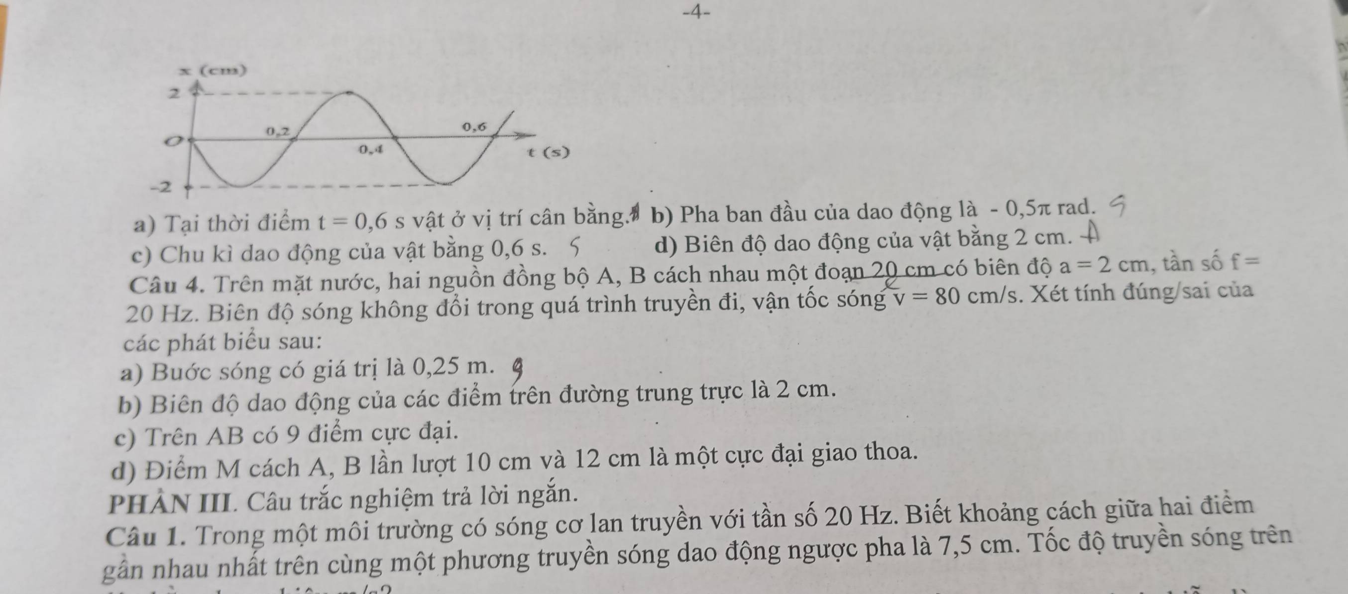 4-
a) Tại thời điểm t=0,6 s vật ở vị trí cân bằng. b) Pha ban đầu của dao động là - 0,5π rad.
c) Chu kì dao động của vật bằng 0,6 s. 5 d) Biên độ dao động của vật bằng 2 cm.
Câu 4. Trên mặt nước, hai nguồn đồng bộ A, B cách nhau một đoạn 20 cm có biên độ a=2cm , tần số f=
20 Hz. Biên độ sóng không đổi trong quá trình truyền đi, vận tốc sóng^-v=80cm/s. Xét tính đúng/sai của
các phát biểu sau:
a) Buớc sóng có giá trị là 0,25 m.
b) Biên độ dao động của các điểm trên đường trung trực là 2 cm.
c) Trên AB có 9 điểm cực đại.
d) Điểm M cách A, B lần lượt 10 cm và 12 cm là một cực đại giao thoa.
PHẢN III. Câu trắc nghiệm trả lời ngắn.
Câu 1. Trong một môi trường có sóng cơ lan truyền với tần số 20 Hz. Biết khoảng cách giữa hai điểm
gần nhau nhất trên cùng một phương truyền sóng dao động ngược pha là 7,5 cm. Tốc độ truyền sóng trên