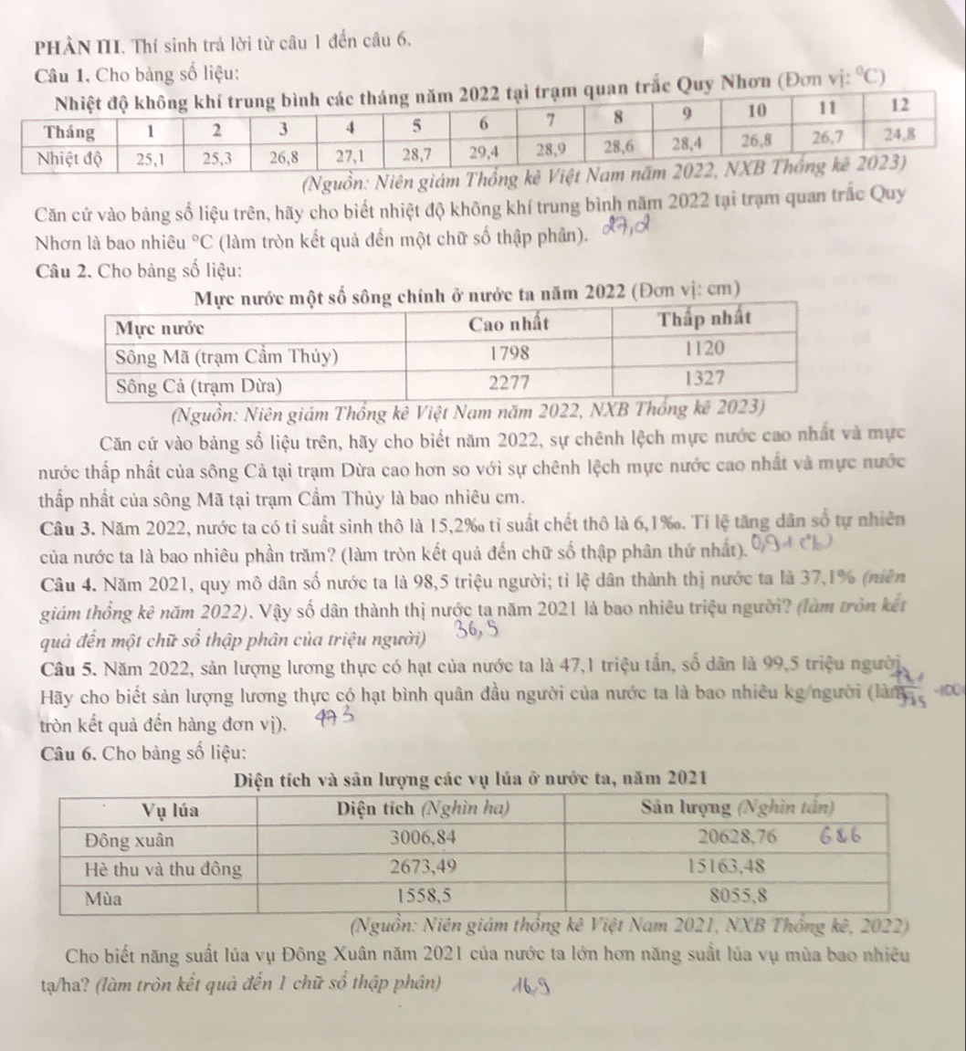 PHẢN III. Thí sinh trả lời từ câu 1 đến câu 6,
Câu 1. Cho bảng số liệu: ^circ C)
trắc Quy Nhơn (Đơn vị:
(Nguồn: Niên giám Thổng 
Căn cứ vào bảng số liệu trên, hãy cho biết nhiệt độ không khí trung bình năm 2022 tại trạm quan trắc Quy
Nhơn là bao nhiêu°C (làm tròn kết quả đến một chữ số thập phân).
Câu 2. Cho bảng số liệu:
hính ở nước ta năm 2022 (Đơn vị: cm)
(Nguồn: Niên giám Thổng kê Việt Nam năm 2022, NXB Thống kê 20
Căn cứ vào bảng số liệu trên, hãy cho biết năm 2022, sự chênh lệch mực nước cao nhất và mực
tnhước thấp nhất của sông Cả tại trạm Dừa cao hơn so với sự chênh lệch mực nước cao nhất và mực nước
thấp nhất của sông Mã tại trạm Cầm Thủy là bao nhiêu cm.
Câu 3. Năm 2022, nước ta có tỉ suất sinh thô là 15,2‰ tỉ suất chết thô là 6,1‰. Tỉ lệ tăng dân số tự nhiên
của nước ta là bao nhiêu phần trăm? (làm tròn kết quả đến chữ số thập phân thứ nhất).
Câu 4. Năm 2021, quy mô dân số nước ta là 98,5 triệu người; tỉ lệ dân thành thị nước ta là 37,1% (niên
giám thống kê năm 2022). Vậy số dân thành thị nước ta năm 2021 là bao nhiêu triệu người? (làm tròn kết
quả đến một chữ sổ thập phân của triệu người)
Câu 5. Năm 2022, sản lượng lương thực có hạt của nước ta là 47,1 triệu tần, số dân là 99,5 triệu người
Hãy cho biết sản lượng lương thực có hạt bình quân đầu người của nước ta là bao nhiều kg/người (làn  40
tròn kết quả đến hàng đơn vị).
Câu 6. Cho bảng số liệu:
Diện tích và sân lượng các vụ lúa ở nước ta, năm 2021
m thông kê Việt Nam 2021, NXB Thông kê, 2022)
Cho biết năng suất lúa vụ Đông Xuân năm 2021 của nước ta lớn hơn năng suất lúa vụ mùa bao nhiều
tạ/ha? (làm tròn kết quả đến 1 chữ số thập phân)