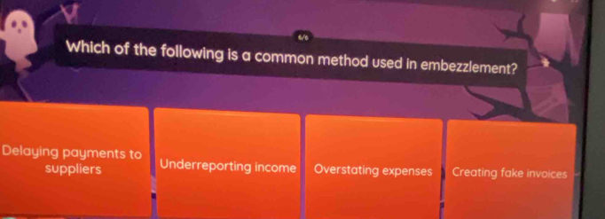 Which of the following is a common method used in embezzlement?
Delaying payments to Underreporting income Overstating expenses Creating fake invoices
suppliers