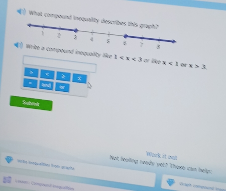 What compound inequal 
inequality like 1 or like x<1</tex> or x>3. 
> e 2
and or 
Submit 
Work it out 
Not feeling ready yet? These can help: 
Wribe inequalities from graphs Graph compound loạp 
Lesson: Compound inequalities