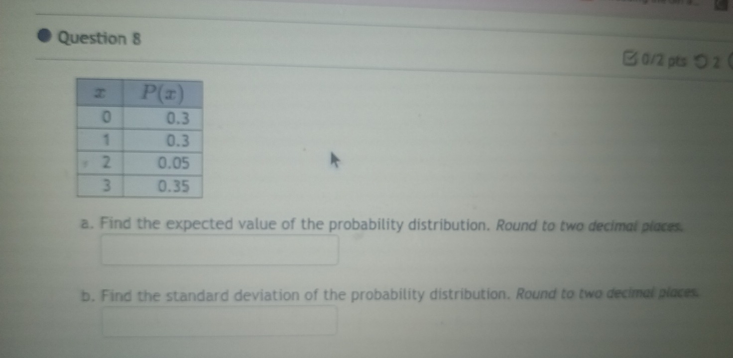 B0/2 pts つ 2
a. Find the expected value of the probability distribution. Round to two decimal places.
b. Find the standard deviation of the probability distribution. Round to two decimal piaces