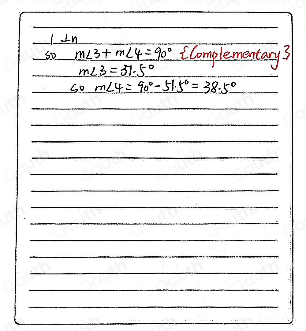 Solved: In the figure below, l⊥ n. If m∠ 3=51.5° , what is the measure ...