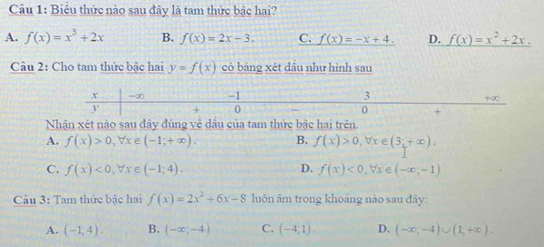 Biểu thức nào sau đây là tam thức bậc hai?
A. f(x)=x^3+2x B. f(x)=2x-3. C. f(x)=-x+4. D. f(x)=x^2+2x. 
Câu 2: Cho tam thức bậc hai y=f(x) có bảng xét dầu như hình sau
Nhận xét nào sau đây đúng về dầu của tam thức bậc hai trên.
A. f(x)>0, forall x∈ (-1;+∈fty ). B. f(x)>0, forall x∈ (3_2+∈fty ).
C. f(x)<0</tex>, forall x∈ (-1;4). D. f(x)<0</tex>, forall x∈ (-∈fty ;-1)
Câu 3: Tam thức bậc hai f(x)=2x^2+6x-8 luôn âm trong khoảng nào sau đây:
A. (-1;4). B. (-∈fty ;-4) C. (-4;1). D. (-∈fty ,-4)∪ (1,+∈fty ).