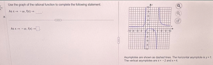 Use the graph of the rational function to complete the following statement. 
_
Asxto -∈fty , f(x)to.
Asxto -∈fty , f(x)to □. 
Asymptotes are shown as dashed lines. The horizontal asymptote is y=1. 
The vertical asymptotes are x=-2 and x=4.