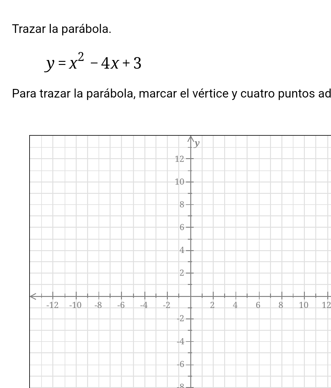 Trazar la parábola.
y=x^2-4x+3
Para trazar la parábola, marcar el vértice y cuatro puntos ad 
12 
Q