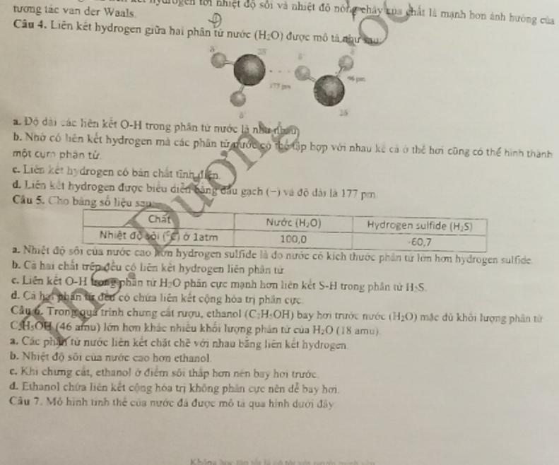 tương tác van der Waals.
dugệh lới nhiệt độ sối và nhiệt đô nóng chây của chất là mạnh hơn ảnh hướng của
Câu 4. Liên kết hydrogen giữa hai phân tử nước (H_2O) được mô tả như sau:
a. Độ dài các hiên kết O-H trong phân tử nước là như nhâu
b. Nhớ có hiên kết hydrogen mà các phân tử nước có thộ tập hợp với nhau kế cả ở thể hơi cũng có thể hình thành
một cụm phân tử
c. Liên kết hydrogen có bản chất tĩnh điện.
d. Liên kết hydrogen được biểu diễn bằng đầu gạch (-) và độ dài là 177 pm
Câu 5. Cho bảng số liệu
a. Nhiệhydrogen sulfide là do nước có kích thước phần từ lớn hơn hydrogen sulfide.
B. Cả hai chất trêp đều có liên kết hydrogen liên phần tử
c. Liên kết O-H trong phần tứ H_2O phân cực mạnh hơn liên kết S-H trong phân tử H_2S.
d. Cả hai phân từ đều có chứa liên kết cộng hòa trị phân cực.
Câu 6, Trongoya trình chưng cát rượu, ethanol (C_2H_5OH) bay hơi trước nước (H_2O) mặc dủ khôi lượng phân từ
CHsOU (46 amu) lớn hơn khác nhiều khối lượng phân tử của H_2O (18 amu).
a. Các phần tử nước liên kết chặt chẽ với nhau bằng liên kết hydrogen
b. Nhiệt độ sôi của nước cao hơn ethanol.
c. Khi chưng cất, ethanol ở điểm sối thấp hơn nên bay hơi trước
d. Ethanol chứa liên kết cộng hóa trị không phân cực nên dể bay hơi
Câu 7. Mô hình tinh thể của nước đã được mô tả qua hình dưới đây