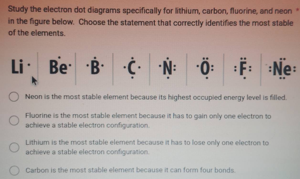 Study the electron dot diagrams specifically for lithium, carbon, fluorine, and neon *
in the figure below. Choose the statement that correctly identifies the most stable
of the elements.
Li· ·B· C N: ·Ö: :F: Ne:
Be
.
Neon is the most stable element because its highest occupied energy level is filled.
Fluorine is the most stable element because it has to gain only one electron to
achieve a stable electron configuration.
Lithium is the most stable element because it has to lose only one electron to
achieve a stable electron configuration.
Carbon is the most stable element because it can form four bonds.