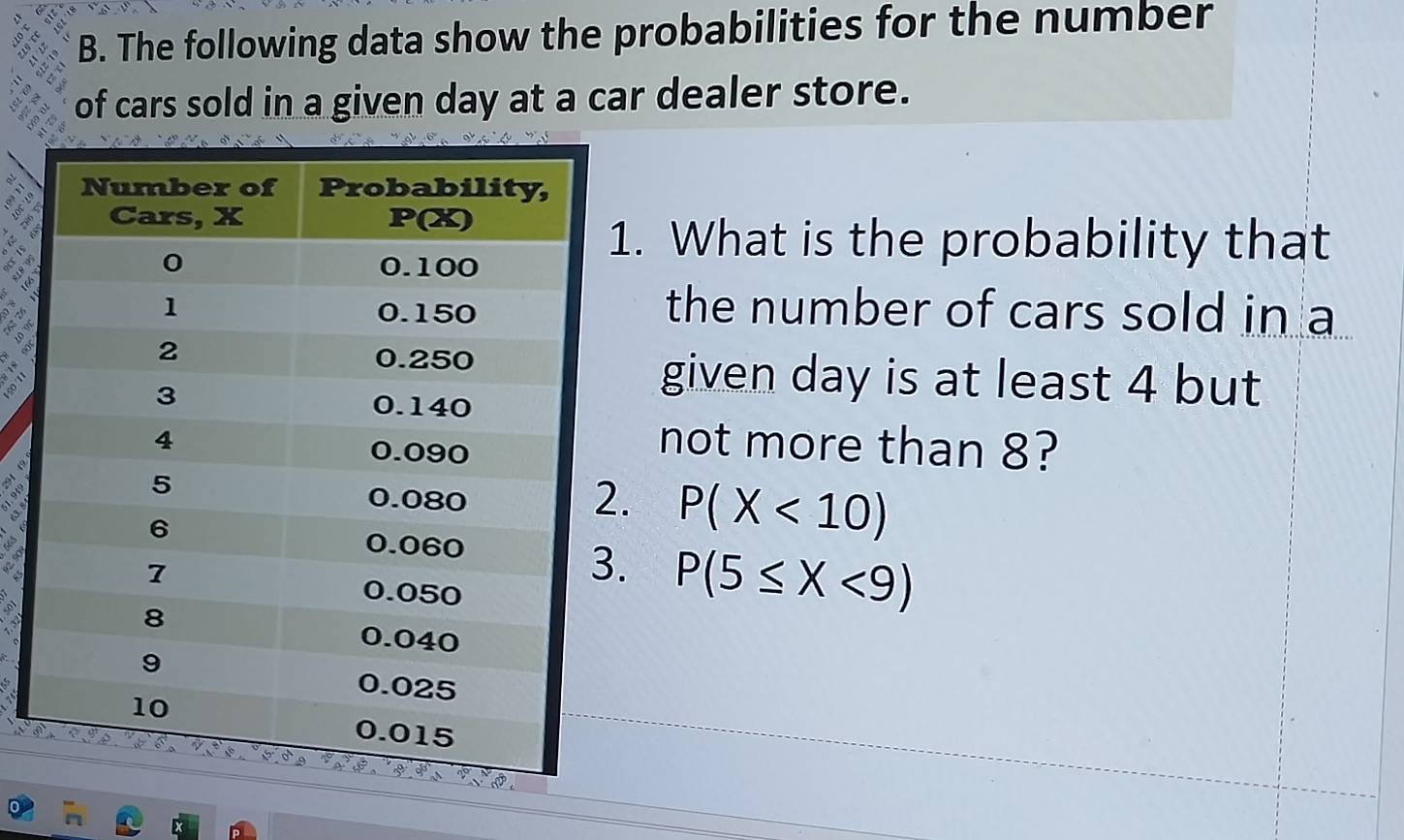 The following data show the probabilities for the number
of cars sold in a given day at a car dealer store.
1. What is the probability that
the number of cars sold in a
given day is at least 4 but
not more than 8?
.
P(X<10). P(5≤ X<9)