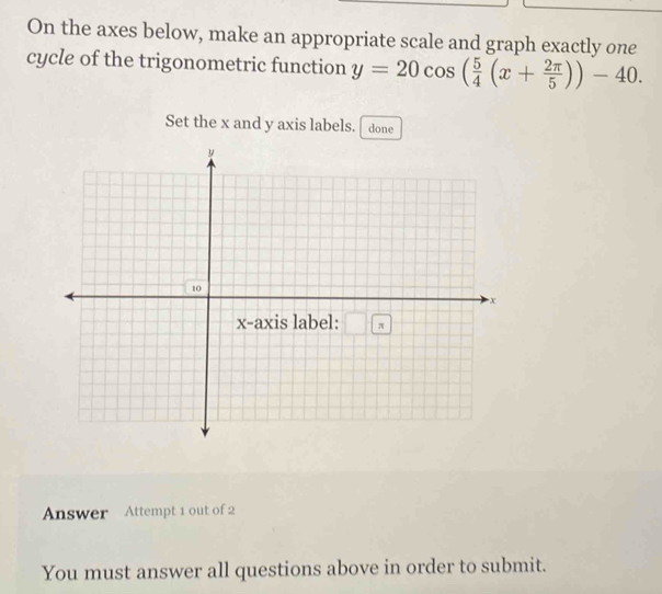 On the axes below, make an appropriate scale and graph exactly one 
cycle of the trigonometric function y=20cos ( 5/4 (x+ 2π /5 ))-40. 
Set the x and y axis labels. done 
Answer Attempt 1 out of 2 
You must answer all questions above in order to submit.