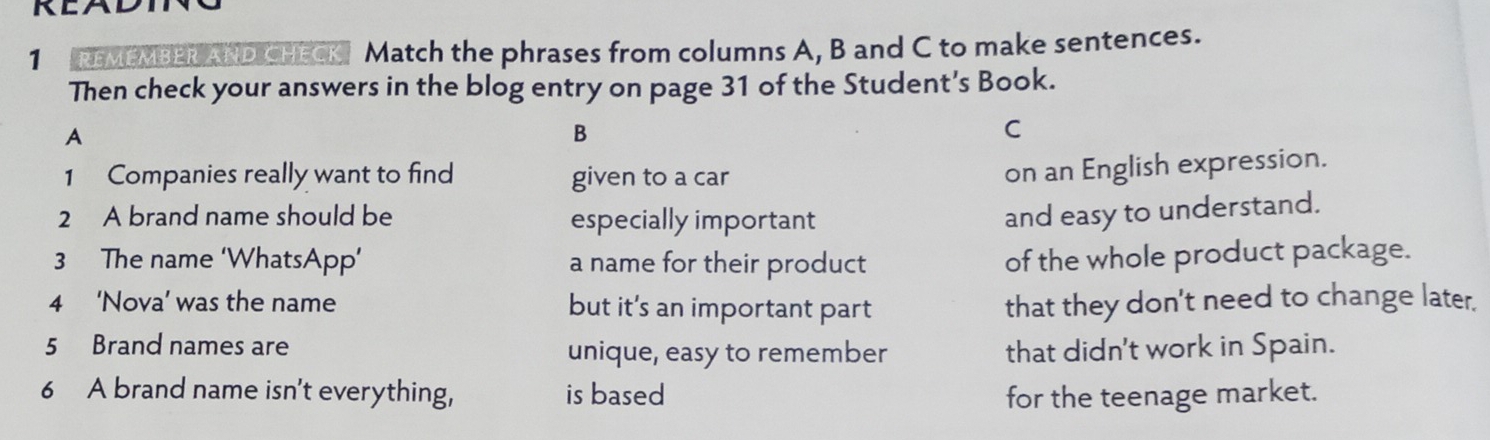 remémber and chéck Match the phrases from columns A, B and C to make sentences. 
Then check your answers in the blog entry on page 31 of the Student’s Book. 
A 
B 
C 
1 Companies really want to find given to a car 
on an English expression. 
2 A brand name should be especially important and easy to understand. 
3 The name ‘WhatsApp’ a name for their product of the whole product package. 
4 ‘Nova’ was the name but it’s an important part that they don't need to change later. 
5 Brand names are unique, easy to remember that didn't work in Spain. 
6 A brand name isn't everything, is based for the teenage market.