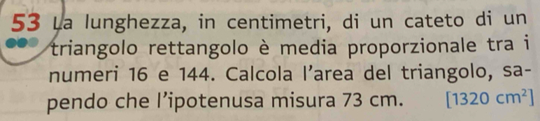 La lunghezza, in centimetri, di un cateto di un 
triangolo rettangolo è media proporzionale tra i 
numeri 16 e 144. Calcola l’area del triangolo, sa- 
pendo che l’ipotenusa misura 73 cm. [1320cm^2]