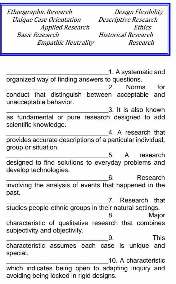 Ethnographic Research Design Flexibility
Unique Case Orientation Descriptive Research
Applied Research Ethics
Basic Research Historical Research
Empathic Neutrality Research
_1. A systematic and
organized way of finding answers to questions.
_2. Norms € for
conduct that distinguish between acceptable and
unacceptable behavior.
_3. It is also known
as fundamental or pure research designed to add
scientific knowledge.
_4. A research that
provides accurate descriptions of a particular individual,
group or situation.
_5. A research
designed to find solutions to everyday problems and
develop technologies.
_6. Research
involving the analysis of events that happened in the
past.
_7. Research that
studies people-ethnic groups in their natural settings.
_8. Major
characteristic of qualitative research that combines
subjectivity and objectivity.
_9. This
characteristic assumes each case is unique and
special.
_10. A characteristic
which indicates being open to adapting inquiry and
avoiding being locked in rigid designs.