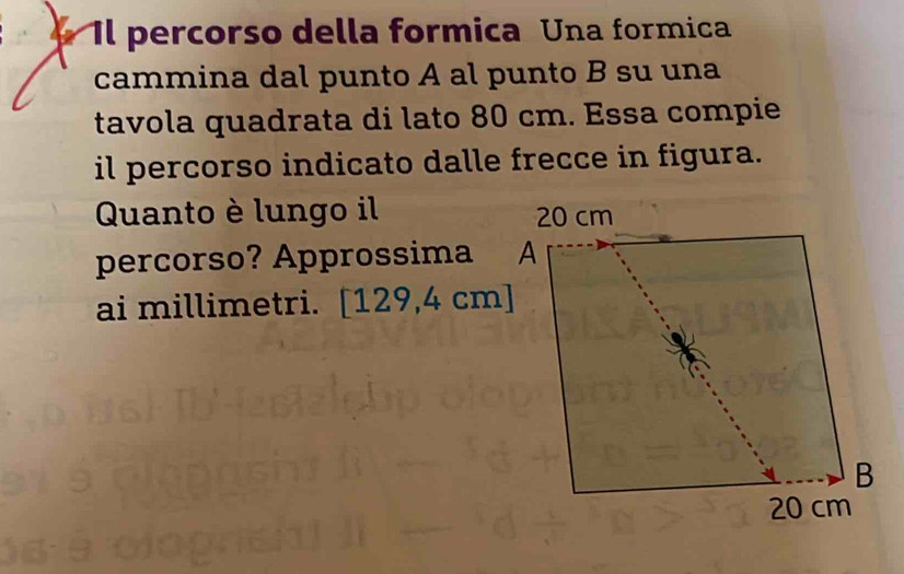 Il percorso della formica Una formica 
cammina dal punto A al punto B su una 
tavola quadrata di lato 80 cm. Essa compie 
il percorso indicato dalle frecce in figura. 
Quanto è lungo il 
percorso? Approssima 
ai millimetri. [129,4cm]