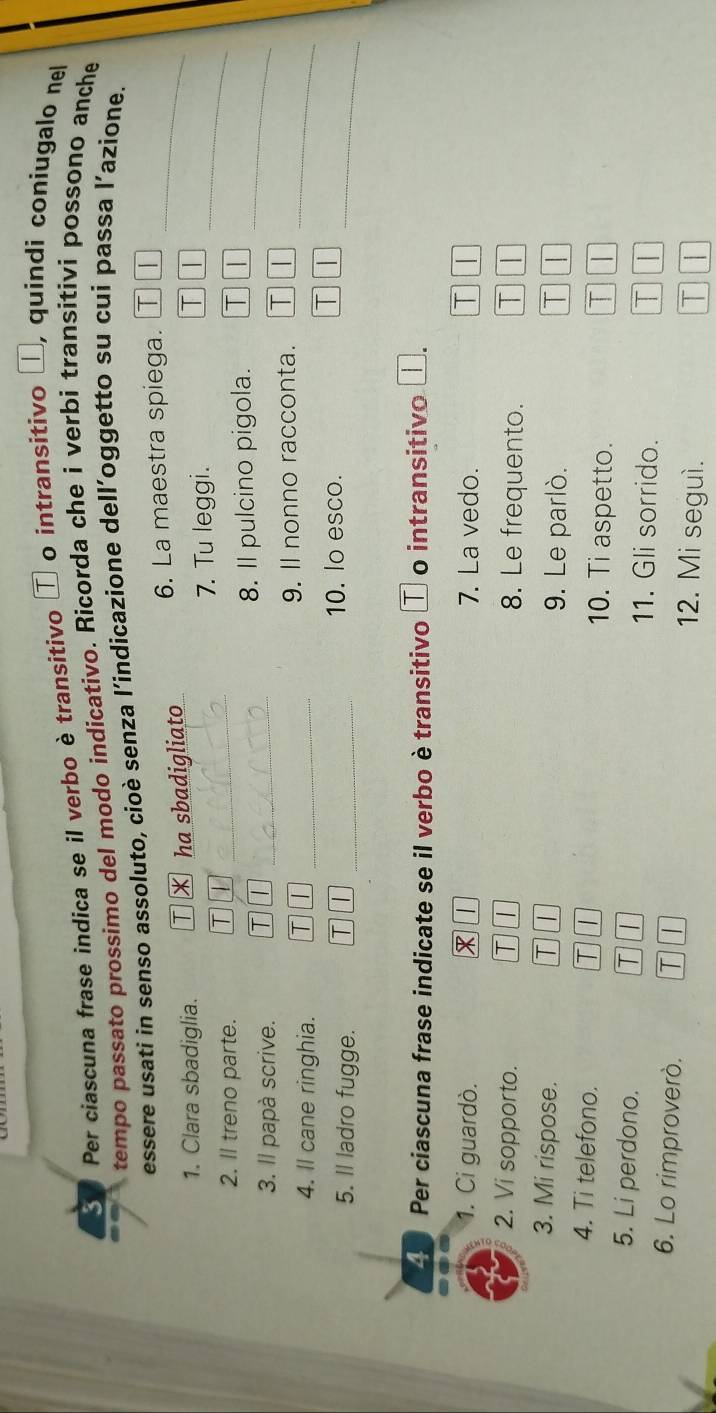 Per ciascuna frase indica se il verbo è transitivo ① o intransitivo , quindi coniugalo nel 
tempo passato prossimo del modo indicativo. Ricorda che i verbi transitivi possono anche 
essere usati in senso assoluto, cioè senza l’indicazione dell’oggetto su cui passa l’azione. 
1. Clara sbadiglia. T ha sbadigliato 6. La maestra spiega. T_ 
7. Tu leggi. 
_ 
T 
2. Il treno parte. T_ 
3. Il papà scrive. T _8. Il pulcino pigola. T_ 
4. Il cane ringhia. T _9. Il nonno racconta. T |_ 
5. Il ladro fugge. T _10. lo esco. 
_ 
T | 
4 Per ciascuna frase indicate se il verbo è transitivo τ o intransitivo / 
1. Ci guardò. X 1 7. La vedo. T 
2. Vi sopporto. T 1 8. Le frequento. T 
3. Mi rispose. T | 9. Le parlò. T 
4. Ti telefono. TI | 10. Ti aspetto. 
T | 
5. Li perdono. T 1 11. Gli sorrido. 
T | 
6. Lo rimproverò. 12. Mi seguì. 
T I