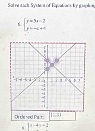 Solve each System of Equations by graphin;
6. beginarrayl y=5x-2 y=-x+4endarray.
9.  x-4y=2