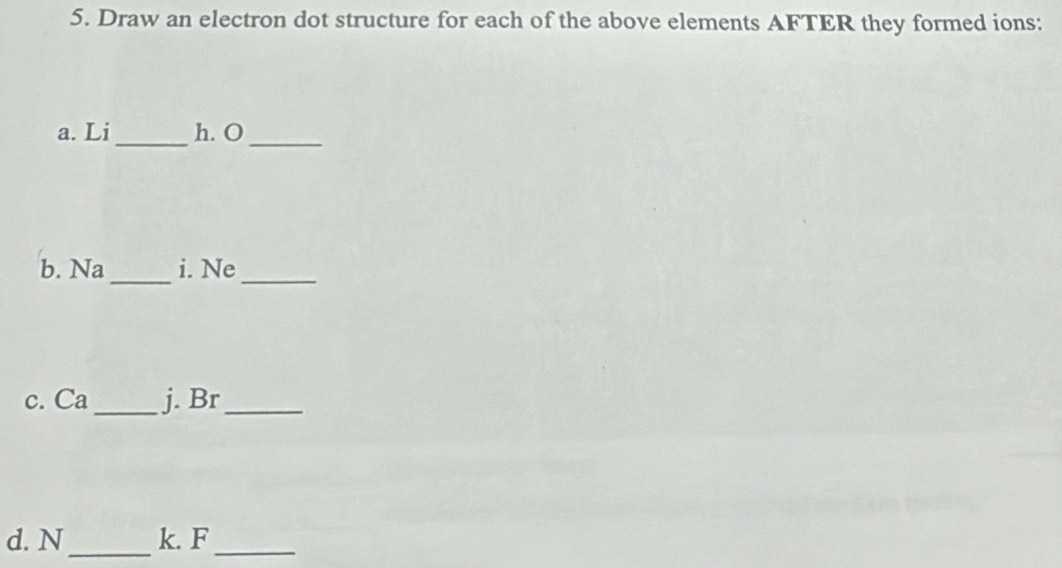 Draw an electron dot structure for each of the above elements AFTER they formed ions: 
a. Li_ h. O _ 
_ 
b. Na i. Ne 
_ 
c. Ca _ j. Br _ 
_ 
d. N k. F _