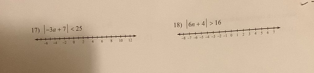 |-3a+7|<25</tex> 18) |6n+4|>16