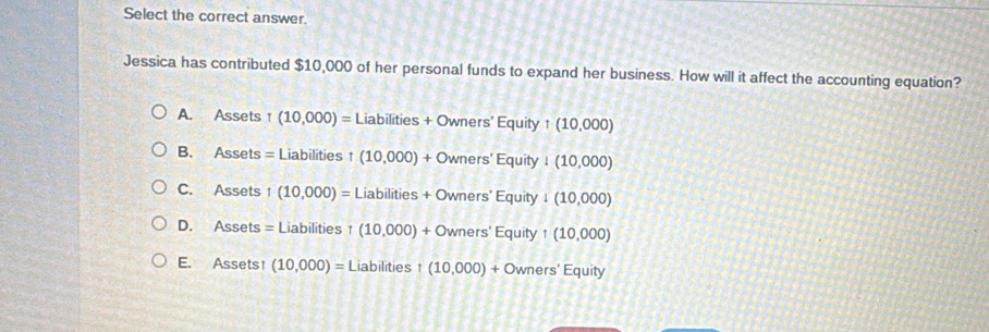 Select the correct answer.
Jessica has contributed $10,000 of her personal funds to expand her business. How will it affect the accounting equation?
A. Assets t(10,000)=Liabilities+Owners'Equity1(10,000)
B. Assets = Liabilities t(10,000)+Owners'Equity1(10,000)
C. Assets 1 (10,000)=Liabilities+Owners'Equity!(10,000)
D. As ssets = Liabilities t(10,000)+Owners'Equity1(10,000)
E. Assets1 (10,000)=Liabilities1(10,000)+Owners'Equity