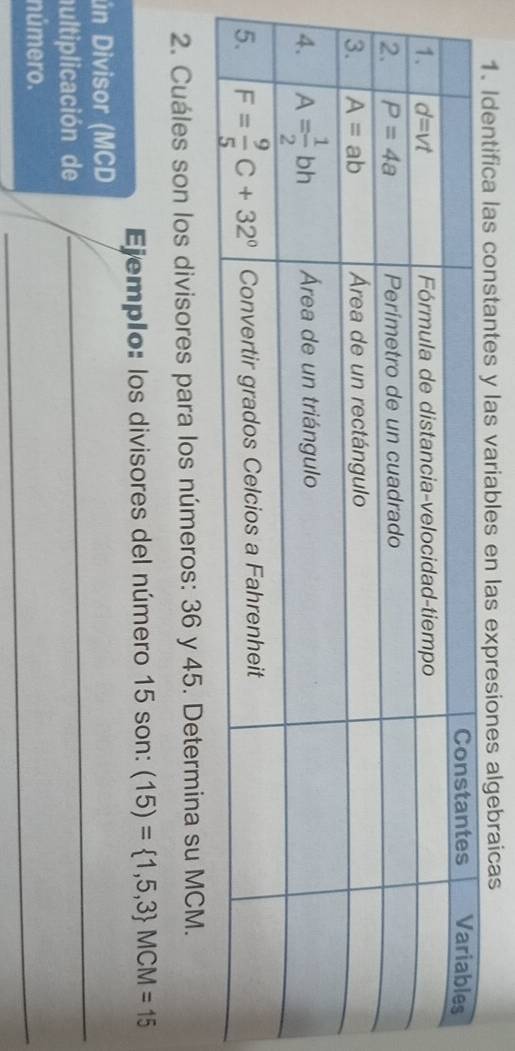 Identifica las constantes y las variables en las expresiones algebraicas
2. Cuáles son los divisores para los números: 36 y 45. Determina su MCM.
Ejemplo: los divisores del número 15 son: (15)= 1,5,3 MCM=15
ún Divisor (MCD
hultiplicación de
_
número.
_