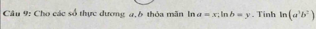 Cho các số thực dương a, b thỏa mãn ln a=x; ln b=y. Tính ln (a^3b^2)