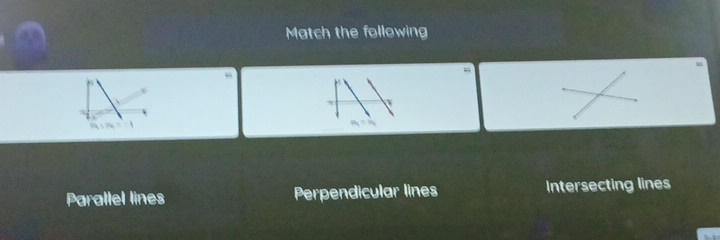 Match the following
-
m_1+m_2=-1
=3
Parallel lines Perpendicular lines Intersecting lines